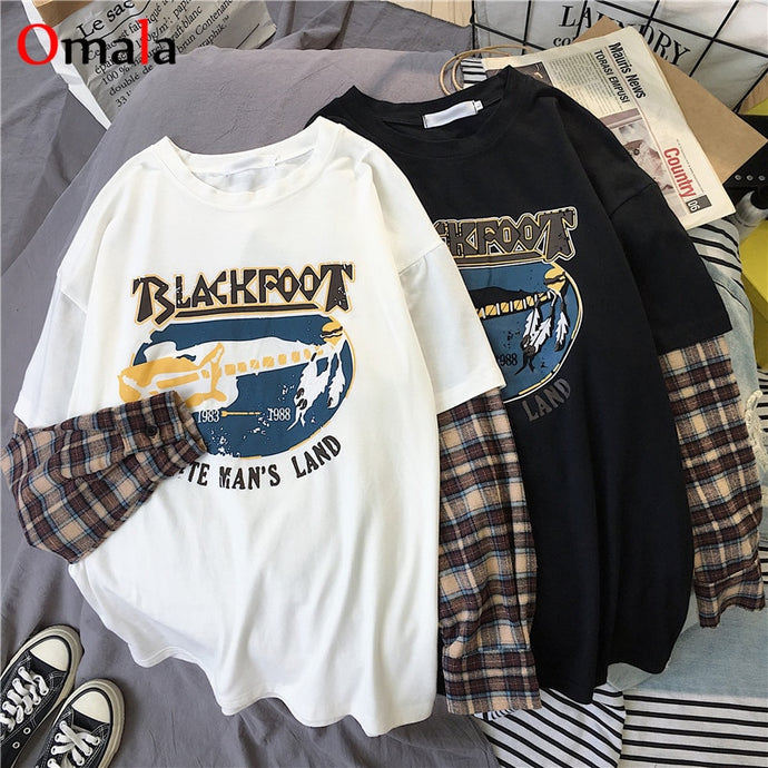 Korean Simple oversized graphic tees Women shirts fashion Long Sleeve tshirt Leisure Plaid patchwork t shirt white black tops