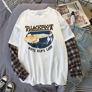 Korean Simple oversized graphic tees Women shirts fashion Long Sleeve tshirt Leisure Plaid patchwork t shirt white black tops