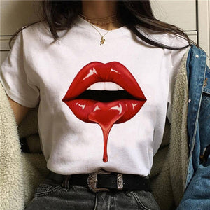 2020 Hot Harajuku Shiny red lips Graphic T Shirt Women Cartoon Grunge T-shirt Fashion Tshirt Ullzang Top Tee Female ropa mujer