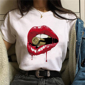 2020 Hot Harajuku Shiny red lips Graphic T Shirt Women Cartoon Grunge T-shirt Fashion Tshirt Ullzang Top Tee Female ropa mujer