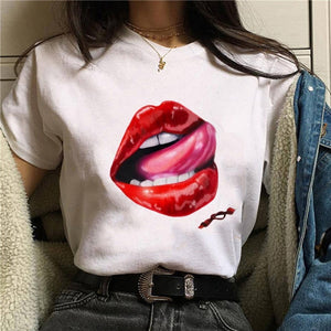 2020 Hot Harajuku Shiny red lips Graphic T Shirt Women Cartoon Grunge T-shirt Fashion Tshirt Ullzang Top Tee Female ropa mujer