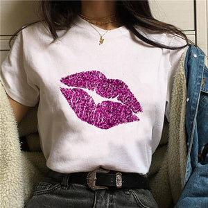 2020 Hot Harajuku Shiny red lips Graphic T Shirt Women Cartoon Grunge T-shirt Fashion Tshirt Ullzang Top Tee Female ropa mujer