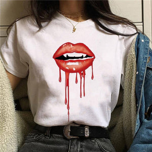 2020 Hot Harajuku Shiny red lips Graphic T Shirt Women Cartoon Grunge T-shirt Fashion Tshirt Ullzang Top Tee Female ropa mujer