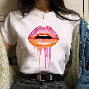 2020 Hot Harajuku Shiny red lips Graphic T Shirt Women Cartoon Grunge T-shirt Fashion Tshirt Ullzang Top Tee Female ropa mujer