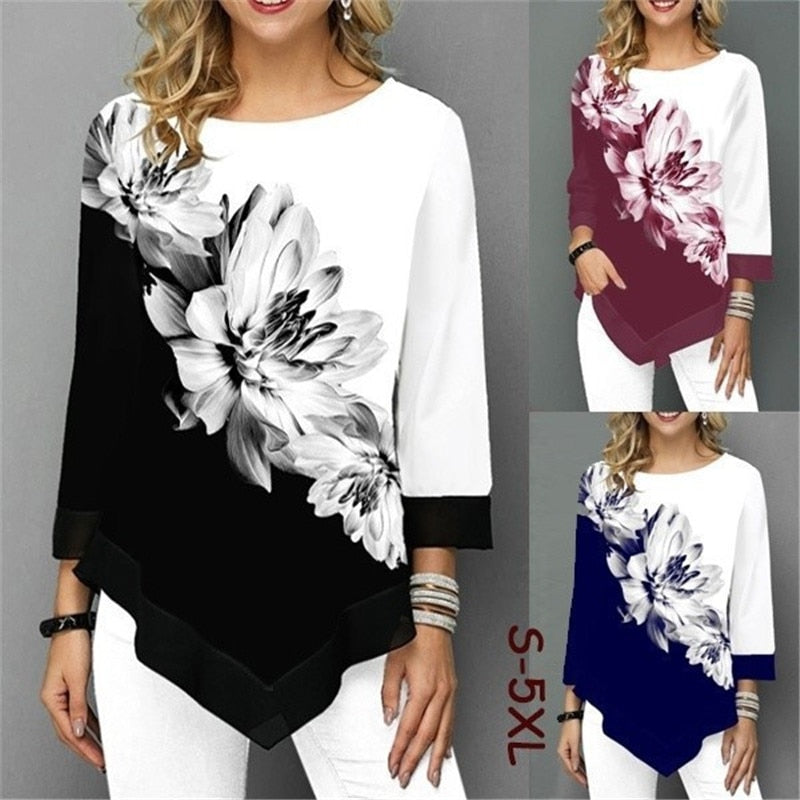 S-5XL T Shirt Women Plus Size Three Quarter Ladies Tee Shirts Floral Print Loose Casual Tops Female Irregular Autumn Clothes