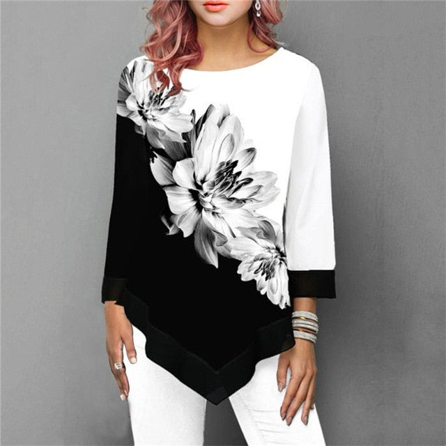 S-5XL T Shirt Women Plus Size Three Quarter Ladies Tee Shirts Floral Print Loose Casual Tops Female Irregular Autumn Clothes