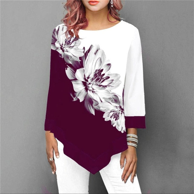 S-5XL T Shirt Women Plus Size Three Quarter Ladies Tee Shirts Floral Print Loose Casual Tops Female Irregular Autumn Clothes