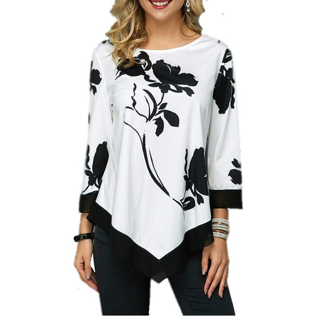 S-5XL T Shirt Women Plus Size Three Quarter Ladies Tee Shirts Floral Print Loose Casual Tops Female Irregular Autumn Clothes