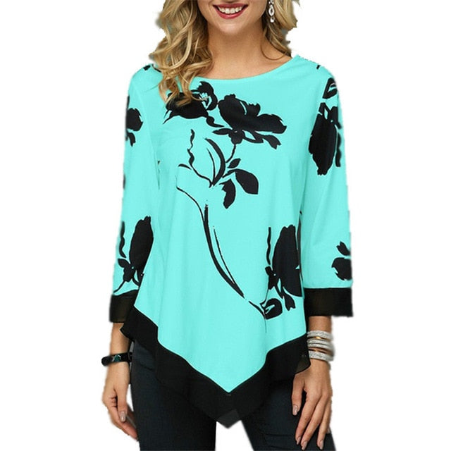 S-5XL T Shirt Women Plus Size Three Quarter Ladies Tee Shirts Floral Print Loose Casual Tops Female Irregular Autumn Clothes