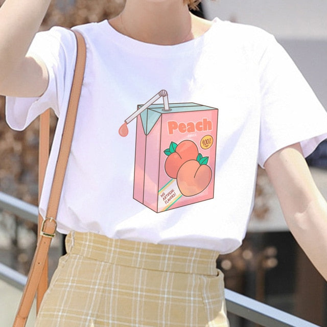 Cartoon Peach Juice Japanses Aesthetic Grunge T shirt Women Harajuku Cute Kawaii Pink Summer Casual Tumblr Outfit Fashion Tops