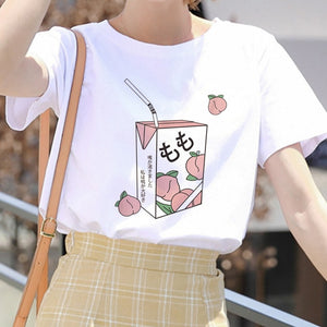 Cartoon Peach Juice Japanses Aesthetic Grunge T shirt Women Harajuku Cute Kawaii Pink Summer Casual Tumblr Outfit Fashion Tops