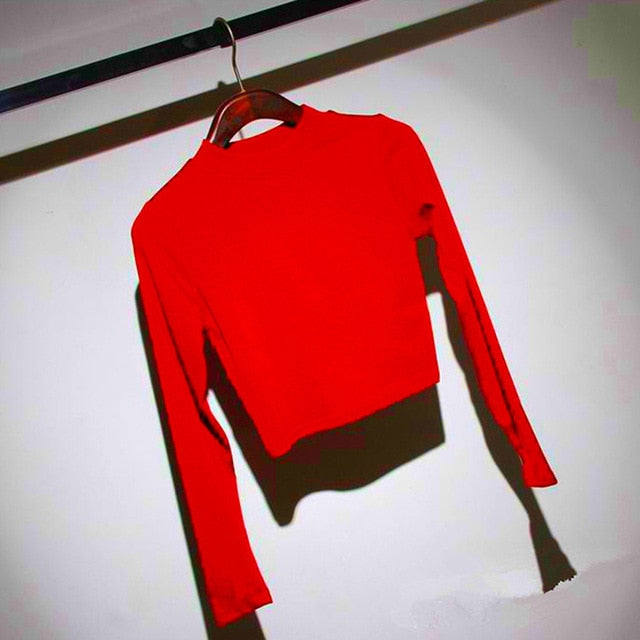 Women Slim Shirt Turtleneck Elastic Crop Tops Long Sleeve Short T-Shirt  Female Autumn Tops and Tees Short Casual Black T-shirts