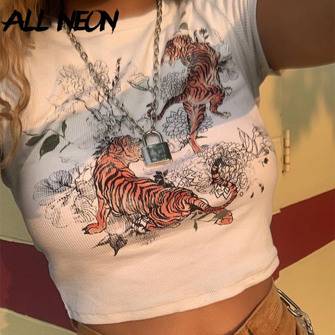 ALLNeon Harajuku Ribbed Tight Printing Crop Tops O-neck Short Sleeve Skinny White T-shirts Vintage Y2K Summer Tops Streetwear