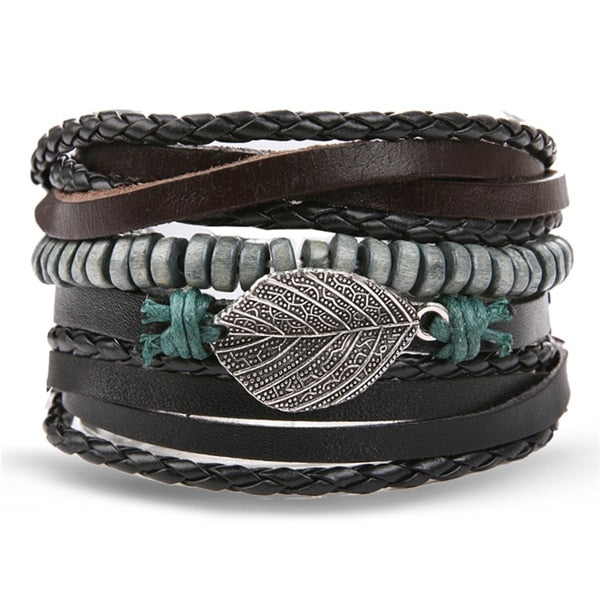 IFMIA Vintage Black Bead Bracelets For Men Fashion Hollow Triangle Leather Bracelet & Bangles Multilayer Wide Wrap Jewelry 2020