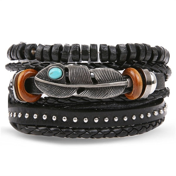 IFMIA Vintage Black Bead Bracelets For Men Fashion Hollow Triangle Leather Bracelet & Bangles Multilayer Wide Wrap Jewelry 2020