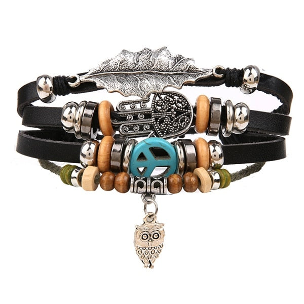 IFMIA Vintage Black Bead Bracelets For Men Fashion Hollow Triangle Leather Bracelet & Bangles Multilayer Wide Wrap Jewelry 2020