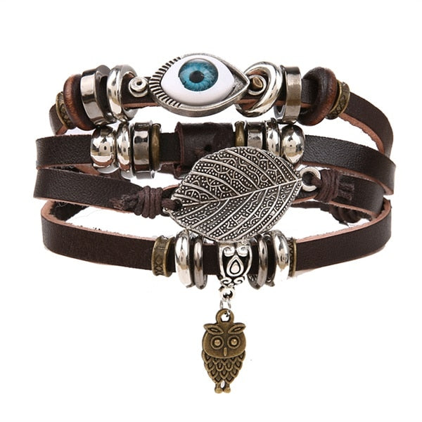 IFMIA Vintage Black Bead Bracelets For Men Fashion Hollow Triangle Leather Bracelet & Bangles Multilayer Wide Wrap Jewelry 2020