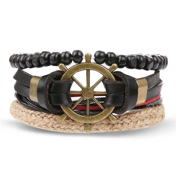 IFMIA Vintage Black Bead Bracelets For Men Fashion Hollow Triangle Leather Bracelet & Bangles Multilayer Wide Wrap Jewelry 2020