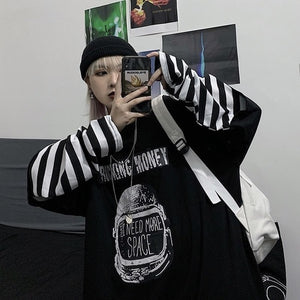 Autumn tshirt Casual Letter Print O-Neck stripe Tees Creativity Loose T-Shirts Women Long Sleeve Oversize top Hip Hop Streetwear