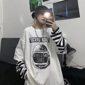 Autumn tshirt Casual Letter Print O-Neck stripe Tees Creativity Loose T-Shirts Women Long Sleeve Oversize top Hip Hop Streetwear