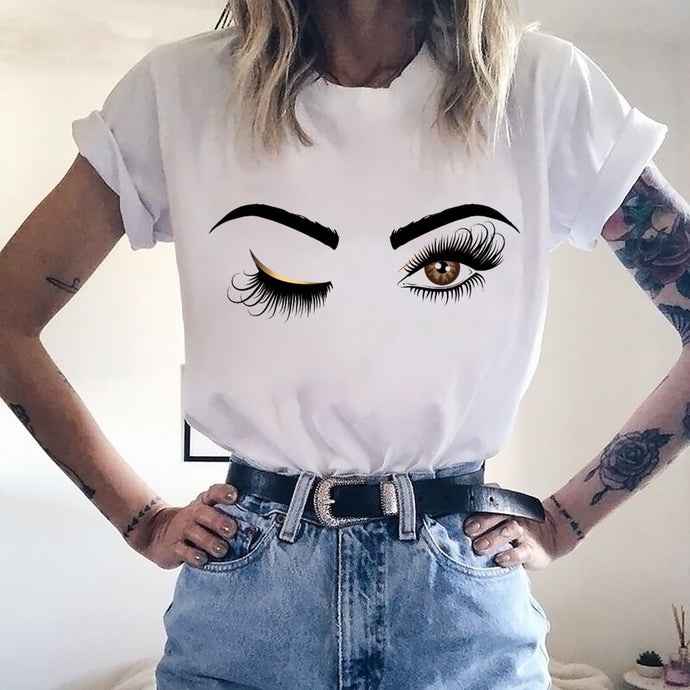 Pink Eyelashes Print Art T Shirt Women Princess Makeup Graphic Tee Personality Hipster Summer Woman Tumblr Art Tshirt Streetwear