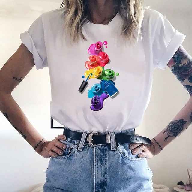 Pink Eyelashes Print Art T Shirt Women Princess Makeup Graphic Tee Personality Hipster Summer Woman Tumblr Art Tshirt Streetwear