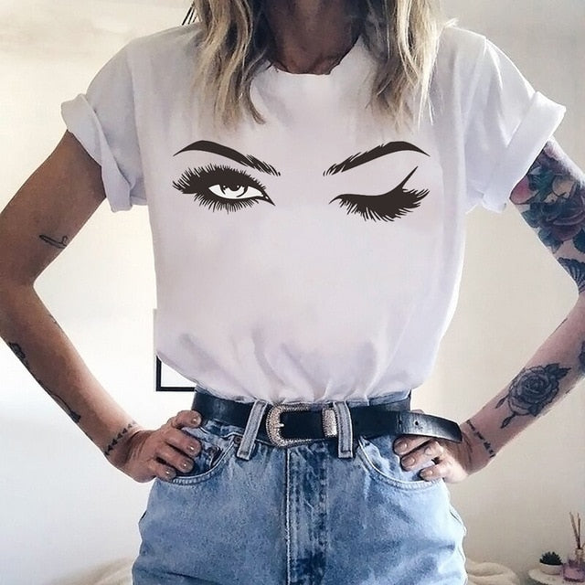 Pink Eyelashes Print Art T Shirt Women Princess Makeup Graphic Tee Personality Hipster Summer Woman Tumblr Art Tshirt Streetwear