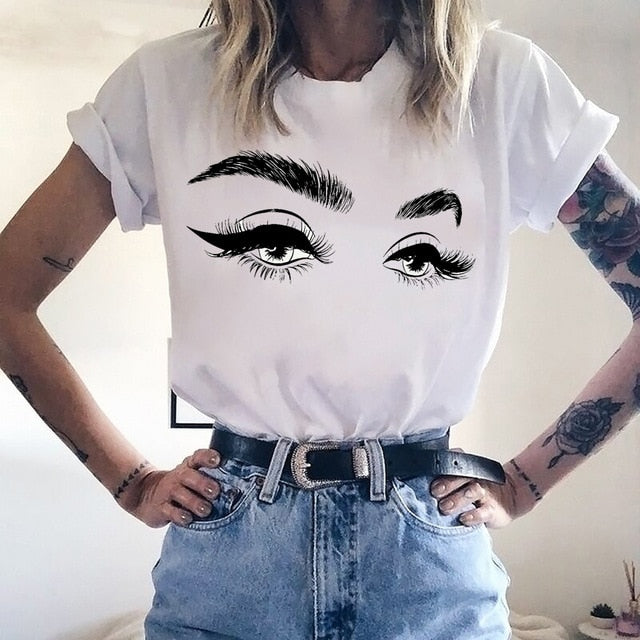 Pink Eyelashes Print Art T Shirt Women Princess Makeup Graphic Tee Personality Hipster Summer Woman Tumblr Art Tshirt Streetwear