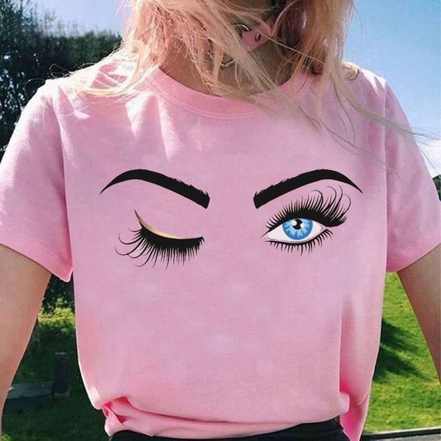Pink Eyelashes Print Art T Shirt Women Princess Makeup Graphic Tee Personality Hipster Summer Woman Tumblr Art Tshirt Streetwear