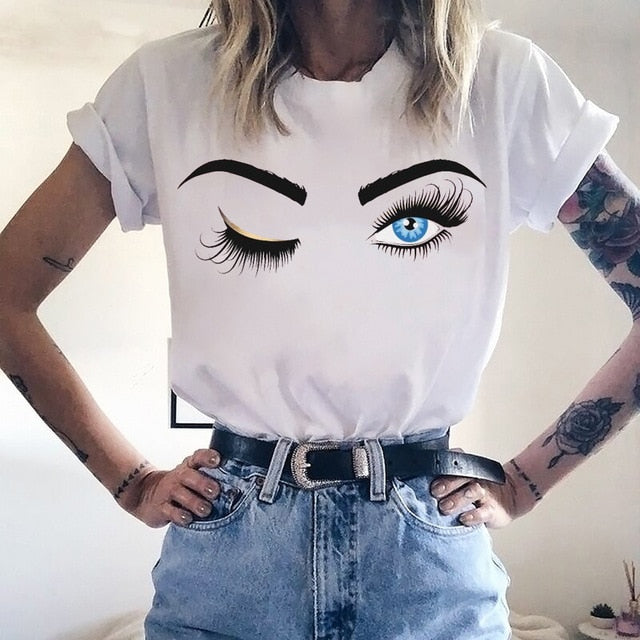 Pink Eyelashes Print Art T Shirt Women Princess Makeup Graphic Tee Personality Hipster Summer Woman Tumblr Art Tshirt Streetwear