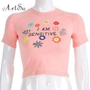 ArtSu Kawaii Pink T-shirts for women 2020 Harajuku Cartoon Bear Printed Sexy Crop Top Summer Casual Tops Friends Female T-shirt