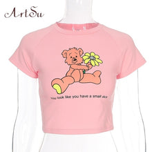 ArtSu Kawaii Pink T-shirts for women 2020 Harajuku Cartoon Bear Printed Sexy Crop Top Summer Casual Tops Friends Female T-shirt