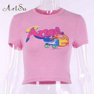 ArtSu Kawaii Pink T-shirts for women 2020 Harajuku Cartoon Bear Printed Sexy Crop Top Summer Casual Tops Friends Female T-shirt