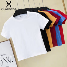 Crop Top T-Shirt Female Solid Cotton O-Neck Short Sleeve T-shirts for Women High Waist Slim Short Sport Blanc Femme T-Shirt