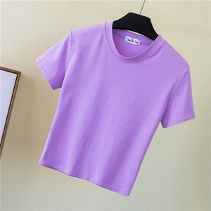 Crop Top T-Shirt Female Solid Cotton O-Neck Short Sleeve T-shirts for Women High Waist Slim Short Sport Blanc Femme T-Shirt