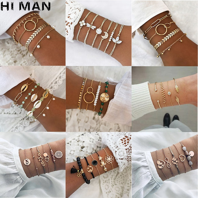 31 Styles Boho Mixed Leaves Letter Map Geometric Crystal Infinity  Pentagram Shell Multi-layer Chain Bracelet Women Wholesale