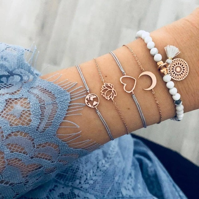 31 Styles Boho Mixed Leaves Letter Map Geometric Crystal Infinity  Pentagram Shell Multi-layer Chain Bracelet Women Wholesale