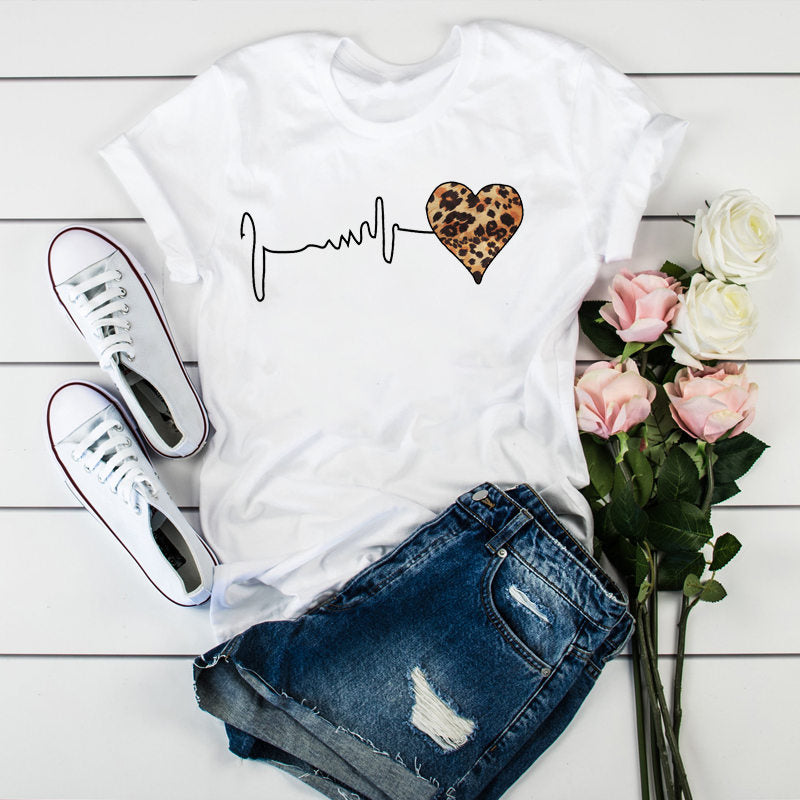 Summer New 90 ’s Leopard Heartbeat Short Sleeve Print Clothing Women's T-Shirt Harajuku Graphic Clothing Women's Top Retro Tops