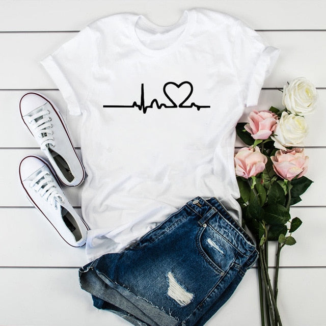 Summer New 90 ’s Leopard Heartbeat Short Sleeve Print Clothing Women's T-Shirt Harajuku Graphic Clothing Women's Top Retro Tops