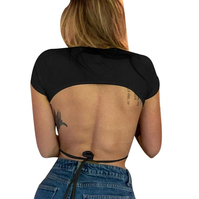 Women Sexy Harajuku Open Back T-shirt Long Sleeve Top Cropped Tops Women T-shirt Summer Casual Tops White Fashion T-shirt 2019