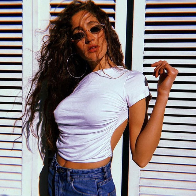 Women Sexy Harajuku Open Back T-shirt Long Sleeve Top Cropped Tops Women T-shirt Summer Casual Tops White Fashion T-shirt 2019