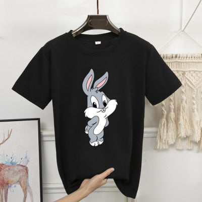 2020 Summer Print Cartoon Rabbit Cute Shirt Women O-neck Short Sleeve 8 Colors White Black Kawaii Shirts Women Oversized T-shirt