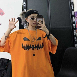 NiceMix Harajuku pumpkin Print letter T shirt Fake 2 Pieces Patchwork Casual Long Sleeve T-shirt Women And Men Streetwear Tops