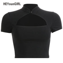 HEYounGIRL Chinese Style Casual Black Women T-shirts Harajuku Short Sleeve Crop Top T Shirt Hollow Out Sexy Tee Shirt Summer