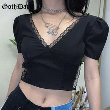 Goth Dark Gothic Sexy Bodycon Lace Women Summer Crop Tops Black Backless Mesh Bandage Female Clothes Fashion Vintage E-Girl Tee