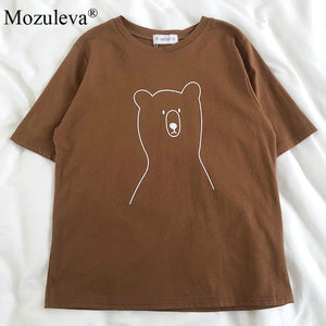 Mozuleva 2020 Chic Cartoon Bear Cotton Women T-shirt Summer Short Sleeve Female T Shirt Spring White O-neck Top Tees 100% Cotton