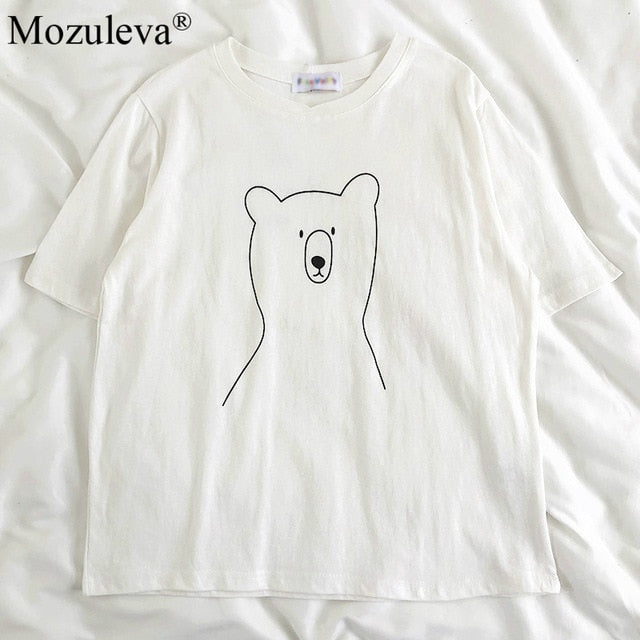 Mozuleva 2020 Chic Cartoon Bear Cotton Women T-shirt Summer Short Sleeve Female T Shirt Spring White O-neck Top Tees 100% Cotton