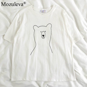 Mozuleva 2020 Chic Cartoon Bear Cotton Women T-shirt Summer Short Sleeve Female T Shirt Spring White O-neck Top Tees 100% Cotton