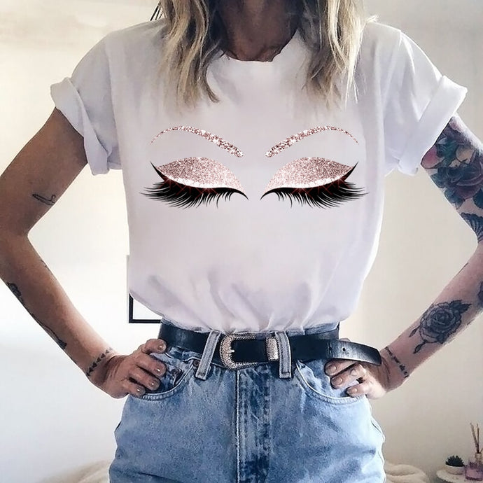 2020 New Shirts Women Princess Makeup Art Pink Eyelashes Print Vogue Top Female T-shirt Summer Harajuku Streetwear Short Clothes