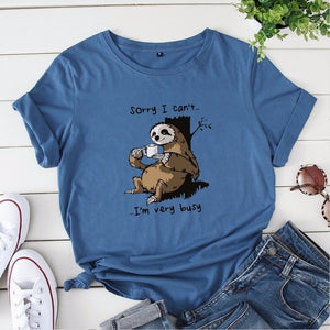 JCGO Women T-shirt Summer Short Sleeve Cotton Plus Size S-5XL Cute Lazy Sloth Print Funny Casual O Neck Female Tshirt Tees Tops